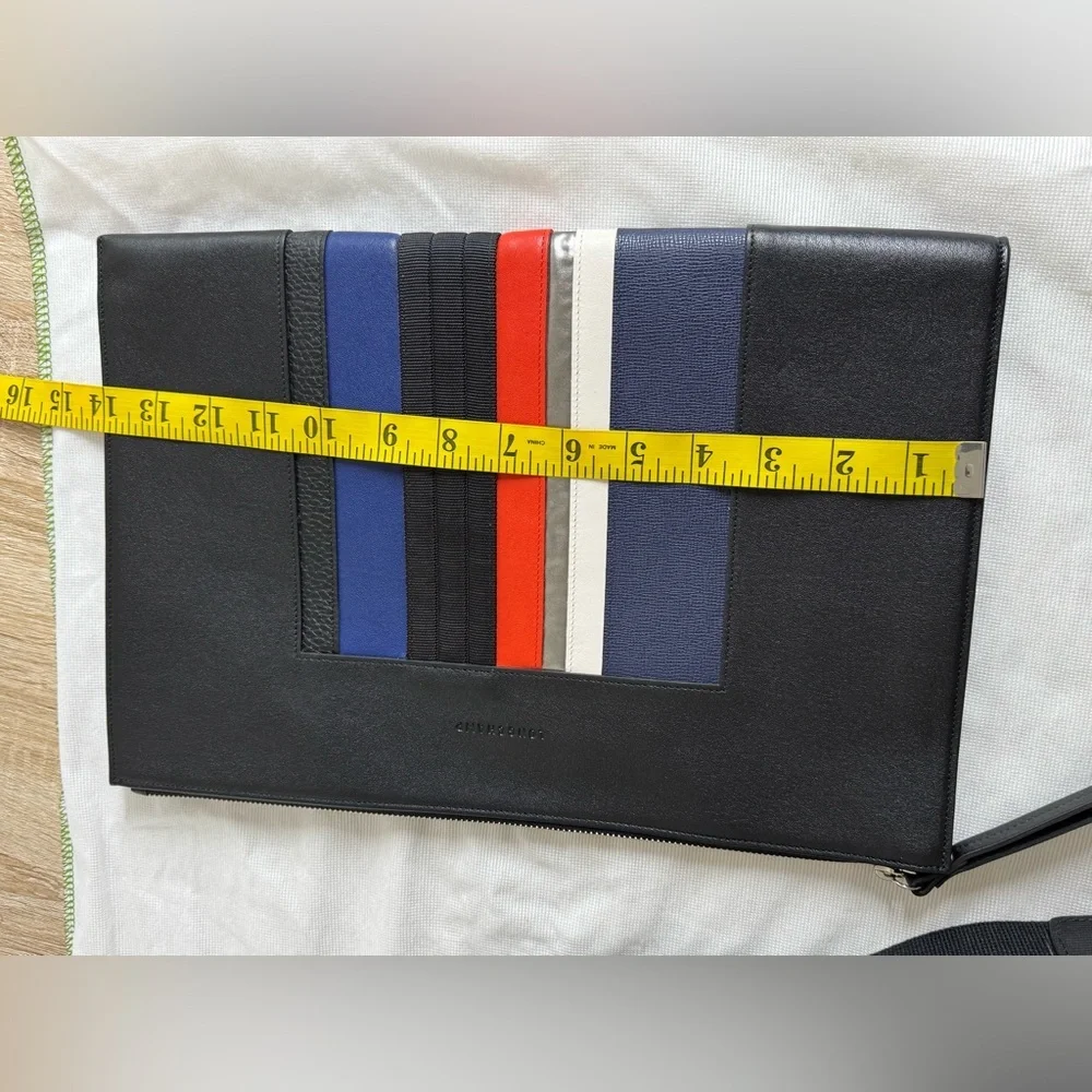 Longchamp Black Leather Colorful Stripes Briefcase and Pouch Set Signature